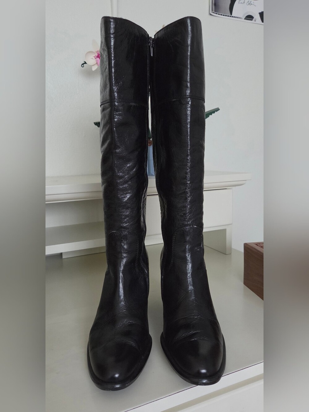 Joy & Peace Black Knee High Heeled Boots Italian Textured Leather, 38/7.5